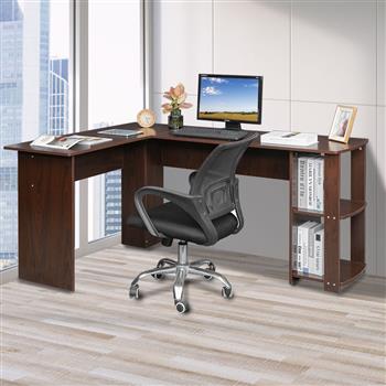 L-Shaped Wood Right-angle Computer Desk with Two-layer Bookshelves