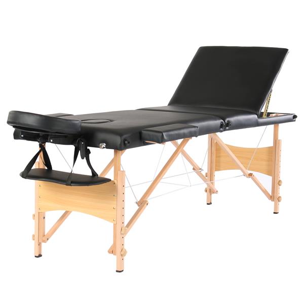 84" 3 Sections Folding Portable Beech Leg Beauty Massage Table 60CM Wide Adjustable Height Black 
