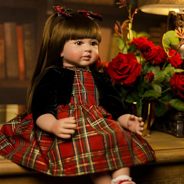 24" Beautiful Simulation Baby Long-Haired Girl Wearing a Christmas Plaid Skirt Doll
