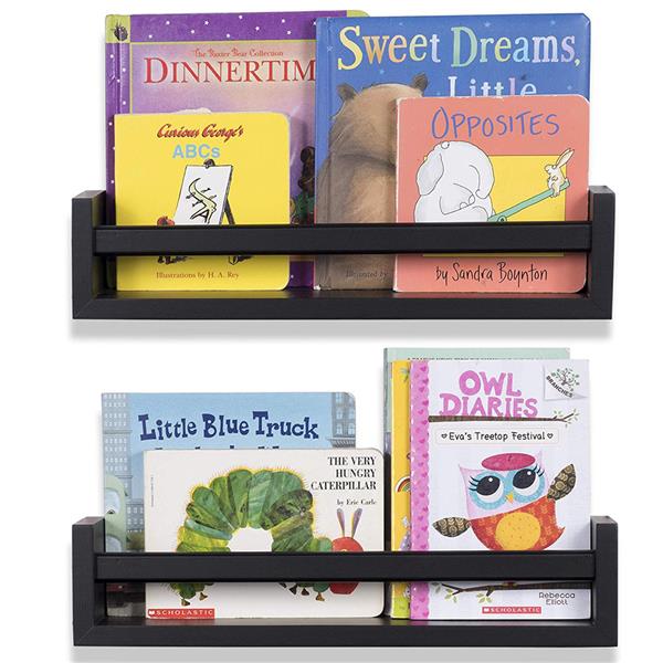 Set of 2 Nursery Room Wood Floating Wall Shelves Wall Decor, Bookshelf, and Toy Organizer Black