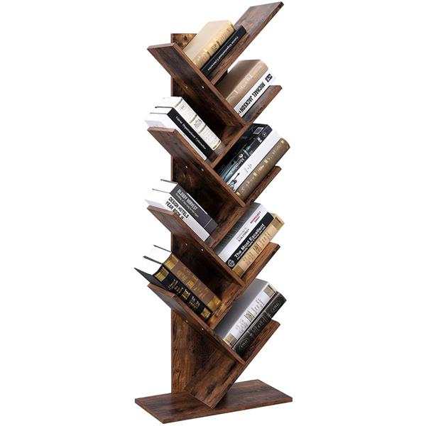 9-Shelf Bookcase Rack, Free Standing Book Storage Organizer,Wooden Tree Bookshelf,Storage for Books, Movies, Video Games, and CDs,Rustic Brown