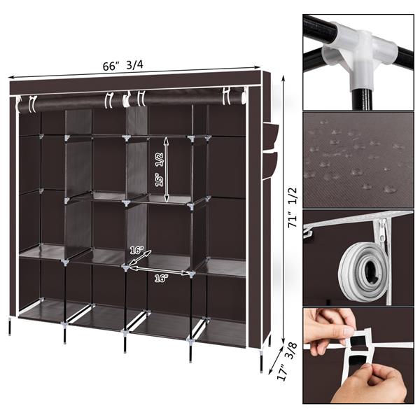 67" Clothes Closet Portable Wardrobe Clothes Storage Rack 12 Shelves 4 Side Pockets Dark Brown 