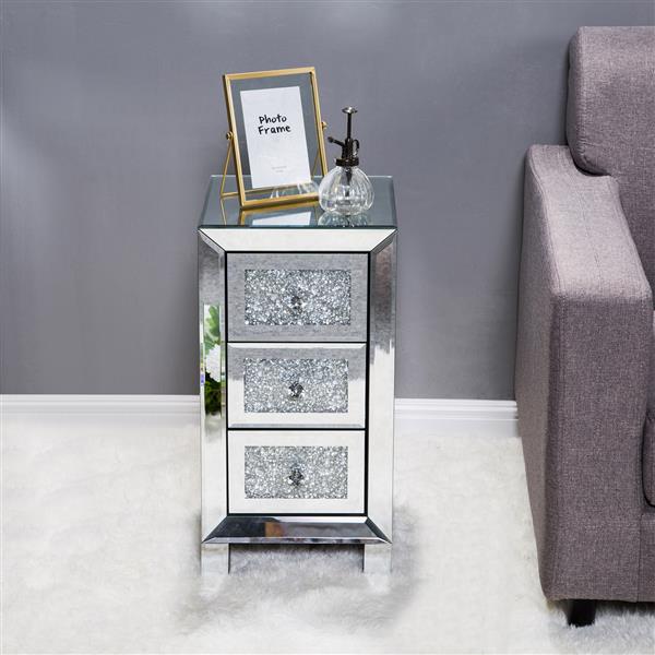 Modern and Contemporary Mirror Surface With Diamond 3-Drawers Nightstand Bedside Table