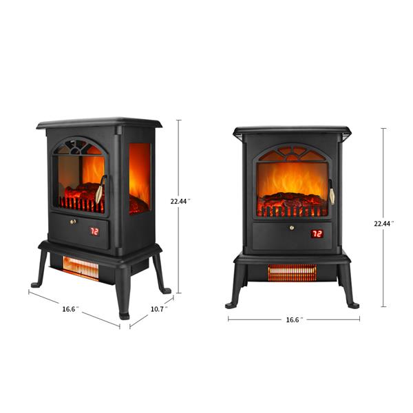 American Standard HT1217 1500W Freestanding Three-door Glass 3D Flame Fireplace with Remote Control/Fake Firewood/Single Color/3 Quartz Tubes/Black