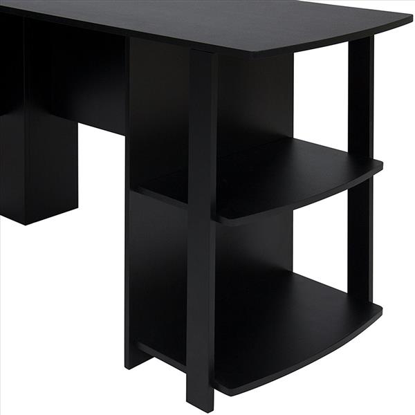 L-Shaped Wood Right-angle Computer Desk with Two-layer Bookshelves Black