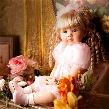 24\\" Beautiful Simulation Baby Golden Curly Girl Wearing Pink Princess Dress Doll