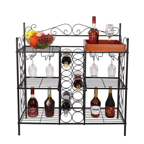 Black Metal Six (6) Shelf Kitchen Bakers Rack Console Table with 12 Bottles Wine Storage and 12 Glass Holder