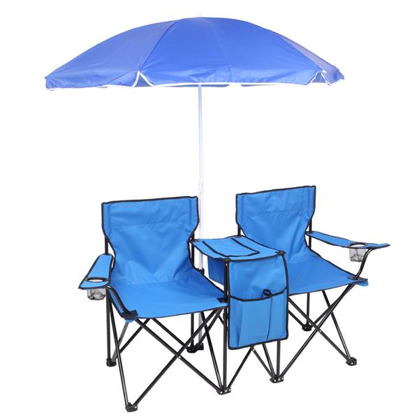 Portable Outdoor 2-Seat Folding Chair with Removable Sun Umbrella Blue