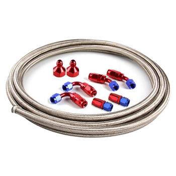 Universal 12ft AN-6 Silver Nylon Braided Hose with 6pcs Red & Blue Hose Ends and 2pcs AN-6 to AN-10 