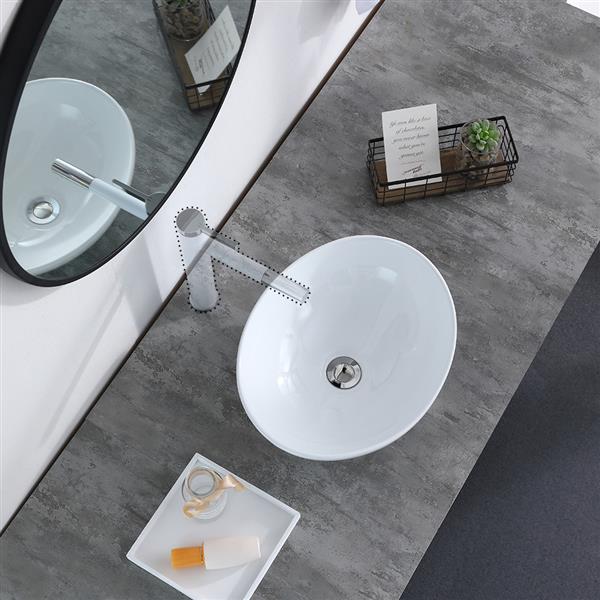 Bathroom Above Counter Egg Shape Oval Bowl Ceramic Vessel Vanity Sink Art Basin - White Porcelain - with Pop Up Drain Stopper