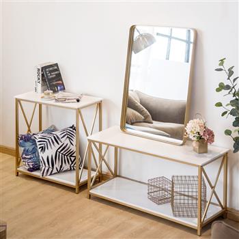 2-Tier Console Table, Gold Sofa Entry Table with White Top and Gold Metal Frame for Home