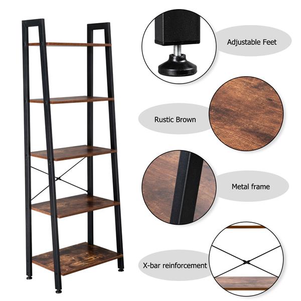 5 Tiers Industrial Ladder Shelf, Vintage Bookshelf, Storage Rack Shelf for Office, Bathroom, Living Room