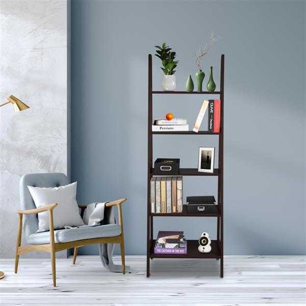 Ladder Shelf, 5-Tier Multifunctional Modern Wood Plant Flower Book Display Shelf, Home Office Storage Rack Leaning Ladder Wall Shelf Brown Color