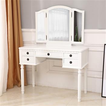 【】Dresser Three-Fold Square Mirror Drawers Roman Column Table/Stool White