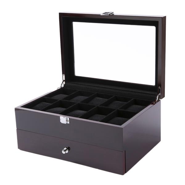 Mens Wooden Watch Box 10 Slots 4 multi-functional parts Jewelry Organizer Storage Case with Real Glass Top