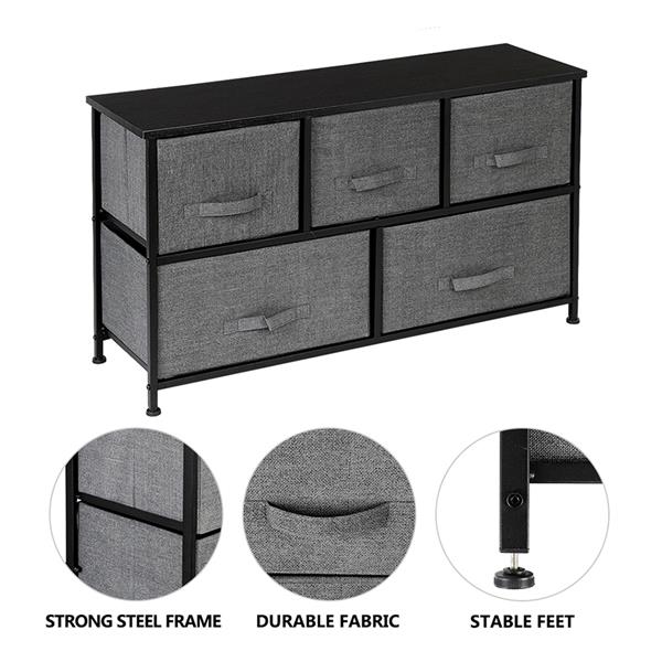 2-Tier Wide Closet Dresser, Nursery Dresser Tower with 5 Easy Pull Fabric Drawers and Metal Frame, Multi-Purpose Organizer Unit for Closets, Dorm Room, Living Room, Hallway, Grey