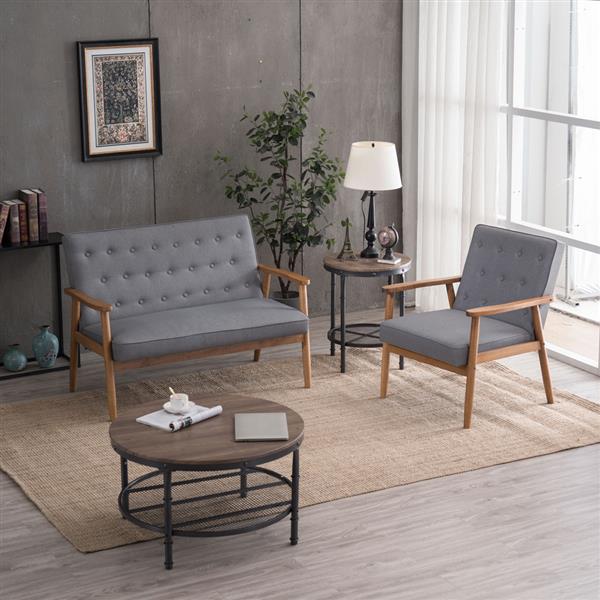 (126 x 75 x 83.5)cm Retro Modern Wood Double Sofa Chair Leisure Chair Light Gray Fabric