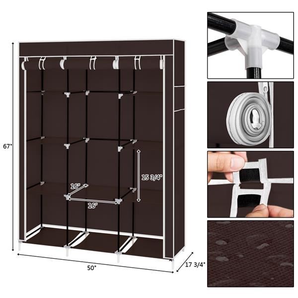 67" Portable Closet Organizer Wardrobe Storage Organizer with 10 Shelves Quick and Easy to Assemble Extra Space Dark Brown 