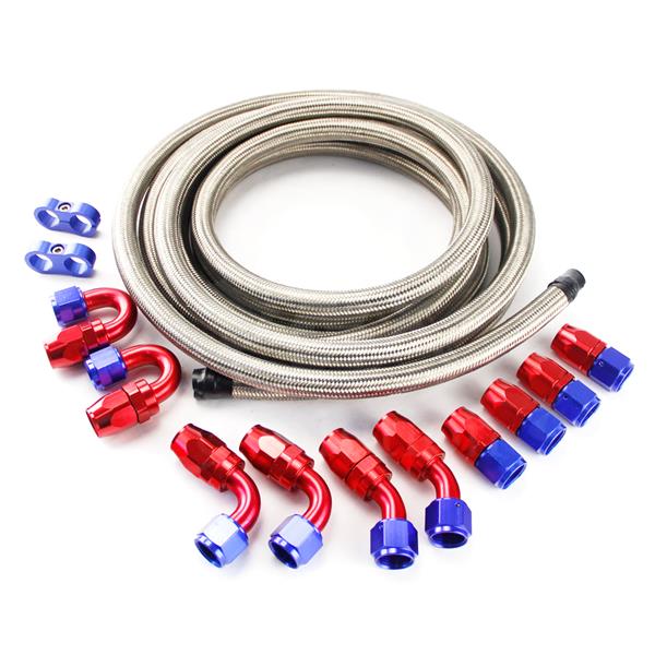 Universal 15ft AN-8 Silver Nylon Braided Hose with 10pcs Red & Blue Hose Ends and 2pcs Hose Separato