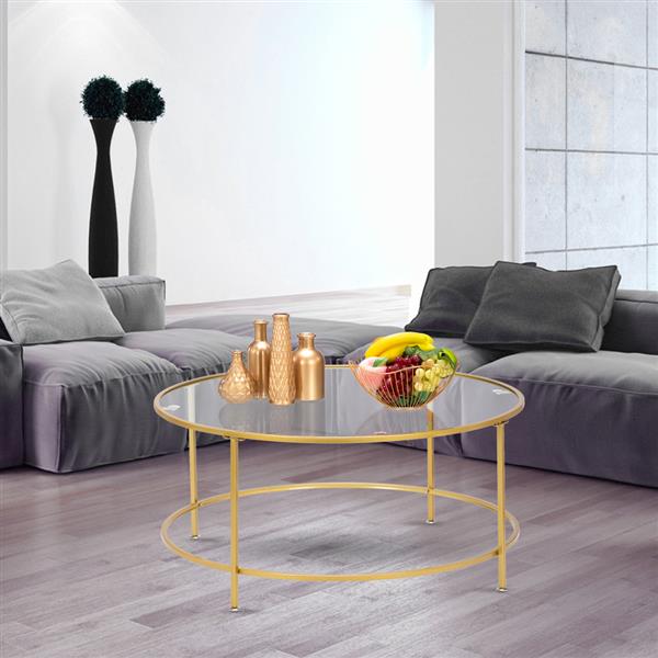 HODELY 36" Golden  5mm Thick Tempered Glass Countertop Round Wrought Iron Coffee Table