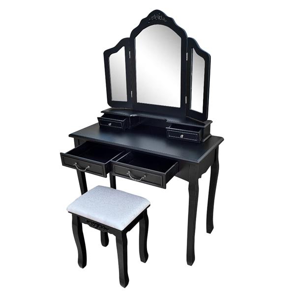 Tri-fold Mirror Dresser with Dressing Stool Black