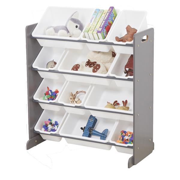 Kids' Toy Storage Organizer with 12 Plastic Bins, Gray / White