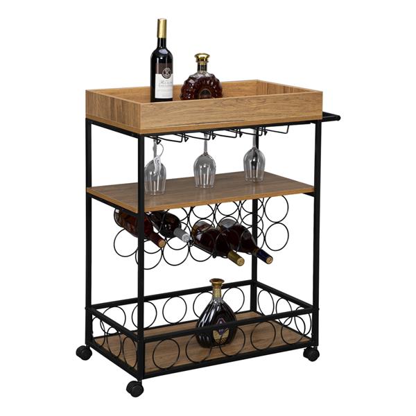 Industrial Wine Rack Cart Kitchen Rolling Storage Bar Wood Table Serving Trolley