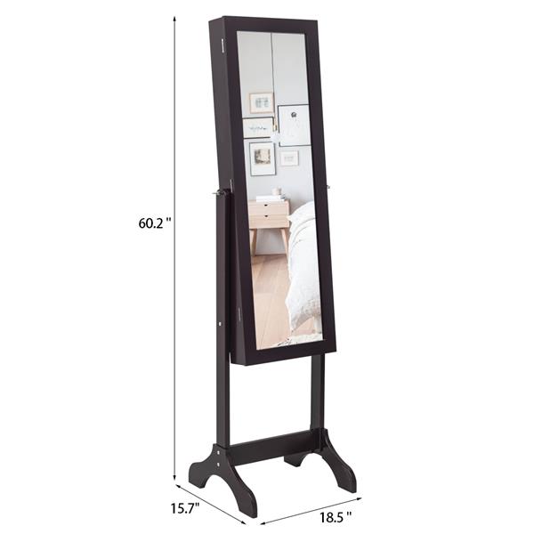 Non Full Mirror Wooden Floor Type 4-Layer Shelf, 2 Drawers, 8 Blue LED Lights, Jewelry Storage, Adjustable Mirror Cabinet - Dark Brown