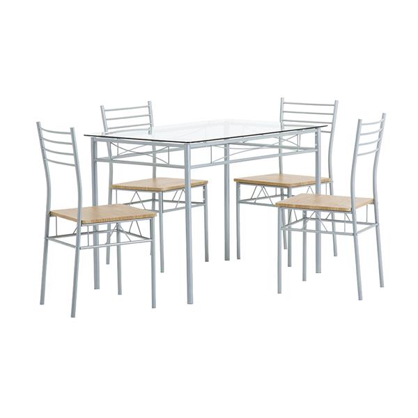 [110 x 70 x 76cm] Iron Glass Dining Table and Chairs Silver One Table and Four Chairs MDF Cushion