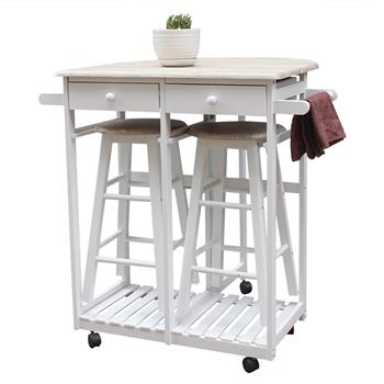 Foldable With Wooden Handle Semicircle Dining Cart With Round Stools White