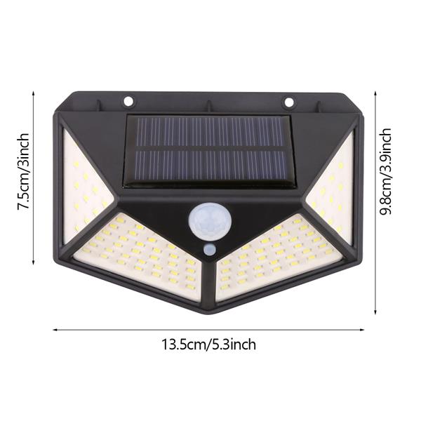 100LED Solar Wall Light (Human Body Induction Light Control) Black Shell White Light ZC001251 Actual: 8W Lumens: 500Lm Battery: 1800mah Lithium Battery Solar Panel: 5.5V 1W Polysilicon