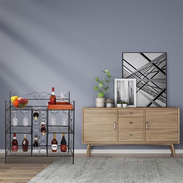 Black Metal Six (6) Shelf Kitchen Bakers Rack Console Table with 12 Bottles Wine Storage and 12 Glass Holder