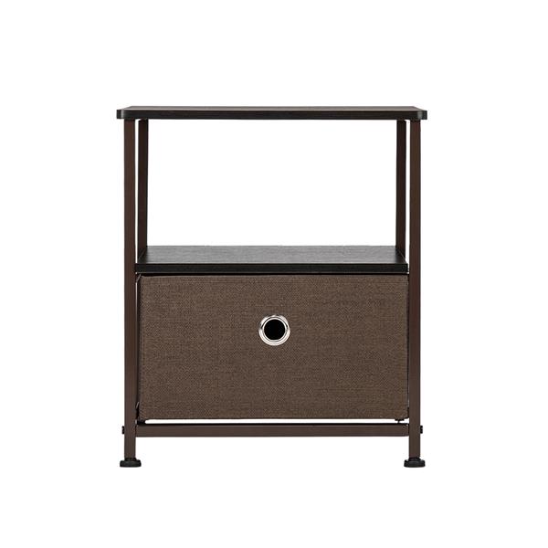 Nightstand 1-Drawer Shelf Storage- Bedside Furniture & Accent End Table Chest For Home, Bedroom, Office, College Dorm, Steel Frame, Wood Top, Easy Pull Fabric Bins Brown