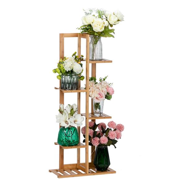 100% Bamboo Plant Frame Multi-storey, Balcony Bamboo Frame Flower Frame Indoor Office Balcony Lving Room Outdoor Garden Decoration 5 Floors 6 Seats---Natural