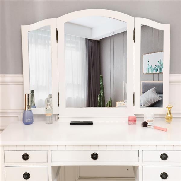 【】Dresser Three-Fold Square Mirror Drawers Roman Column Table/Stool White