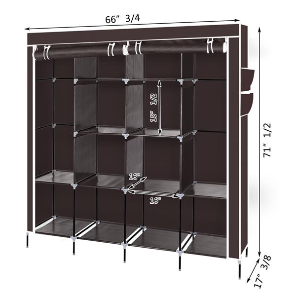 67" Clothes Closet Portable Wardrobe Clothes Storage Rack 12 Shelves 4 Side Pockets Dark Brown 