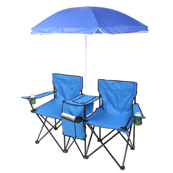 Portable Outdoor 2-Seat Folding Chair with Removable Sun Umbrella Blue