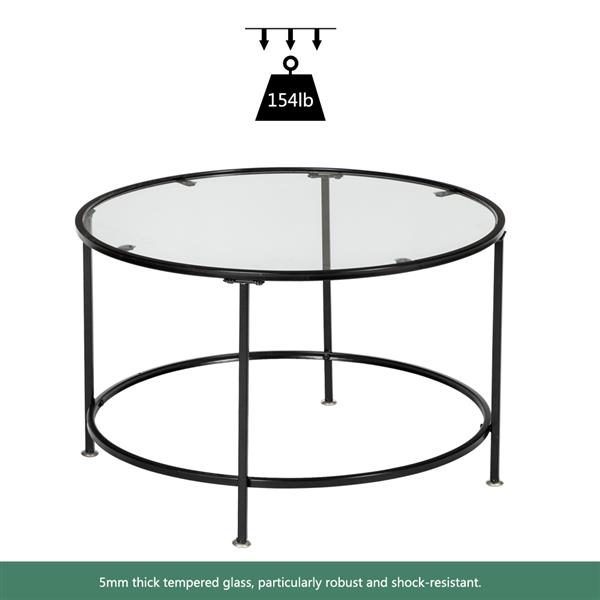 HODELY 36" 2 Layers 5mm Thick Tempered Glass Countertop Round Iron Art Coffee Table Black