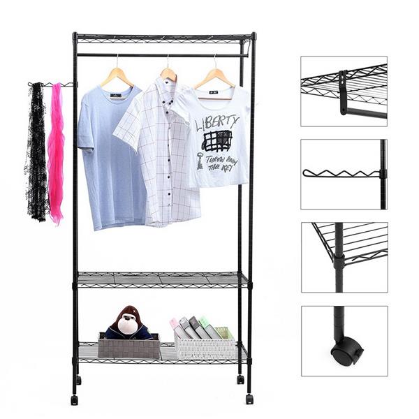 3-Tier Closet Organizer Metal Garment Rack Portable Clothes Hanger Home Shelf