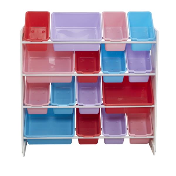 Wooden Kids' Toy Storage Organizer with 16 Plastic Bins,X-Large, White / Blue / Pink / Purple