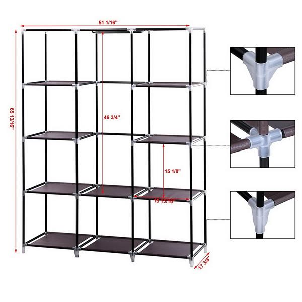 67" Portable Closet Organizer Wardrobe Storage Organizer with 10 Shelves Quick and Easy to Assemble Extra Space Dark Brown 