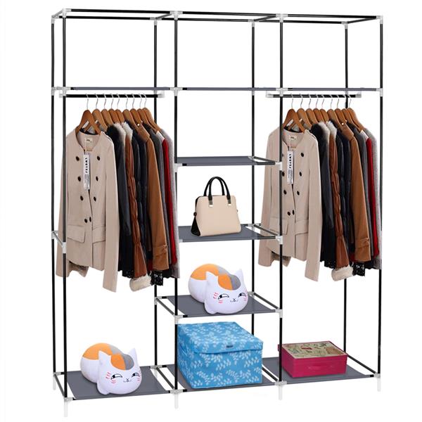 69" Portable Clothes Closet Non-Woven Fabric Wardrobe Double Rod Storage Organizer Gray