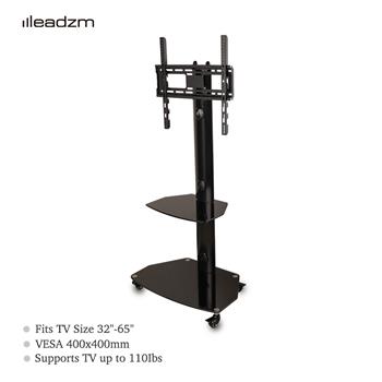 Leadzm TSG004 32-65\\" Corner Floor 2-Tier Shelves TV Stand Rolling Cart with Swivel Bracket