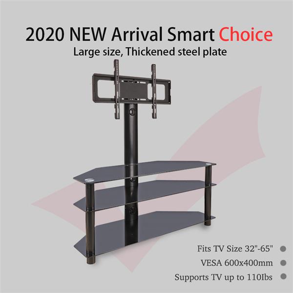 TSG002 32-65" Corner Floor TV Stand with Swivel Bracket 3-Tier Tempered Glass Shelves