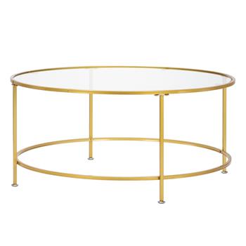 HODELY 36\\" Golden  5mm Thick Tempered Glass Countertop Round Wrought Iron Coffee Table