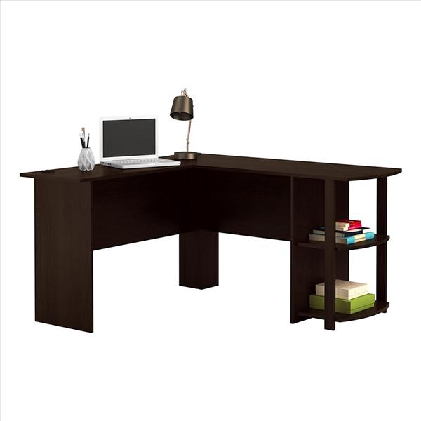 L-Shaped Wood Right-angle Computer Desk with Two-layer Bookshelves Dark Brown