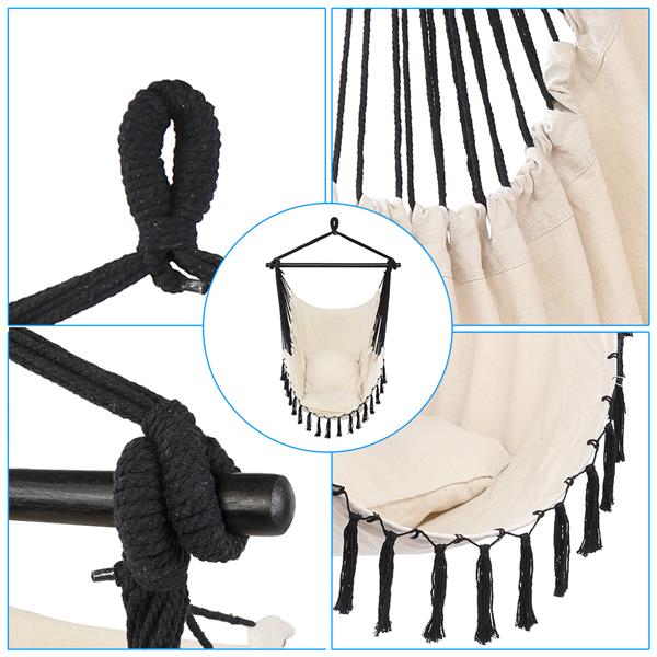 1.5*1.2m Tassel Plus Pillow Hanging Chair Beige Fabric Black Rope