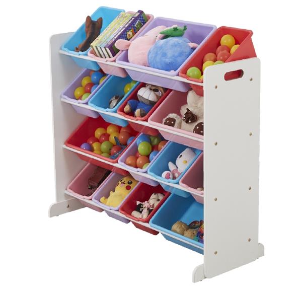 Wooden Kids' Toy Storage Organizer with 16 Plastic Bins,X-Large, White / Blue / Pink / Purple