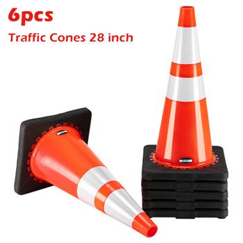 (6 pcs) 28\\" PVC American Road Cone Black Chassis Reflective Cone Warning Cone 36x36x70cm