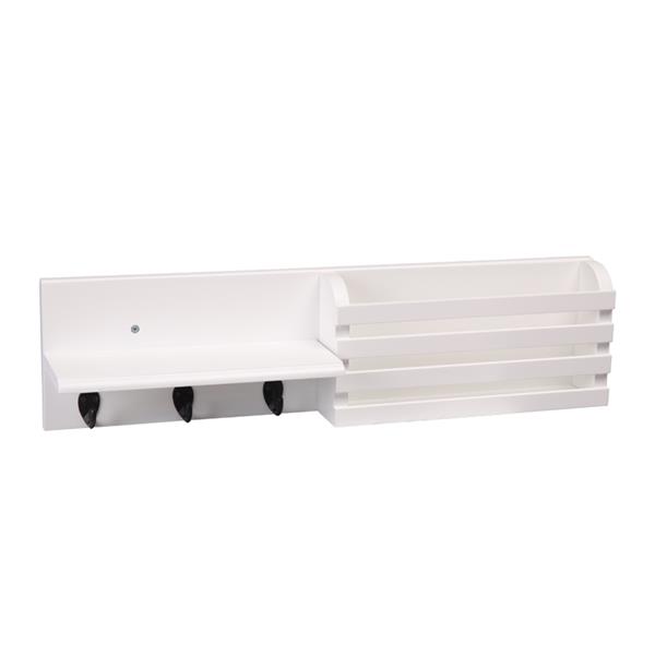 Wall Shelf and Mail Holder with 3 Hooks, 24-Inch by 6-Inch, White